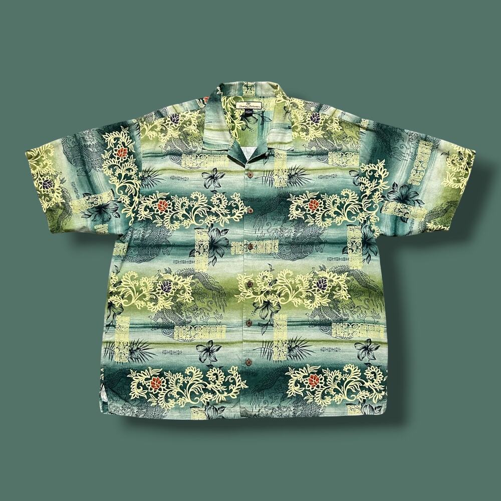 Vintage Tommy Bahama Silk Hawaiian Shirt Dragon Print Camp Collar Aloha Mens XL